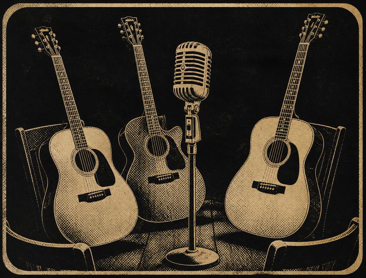 Screen printed illustration of three acoustic guitars and a vintage ribbon microphone