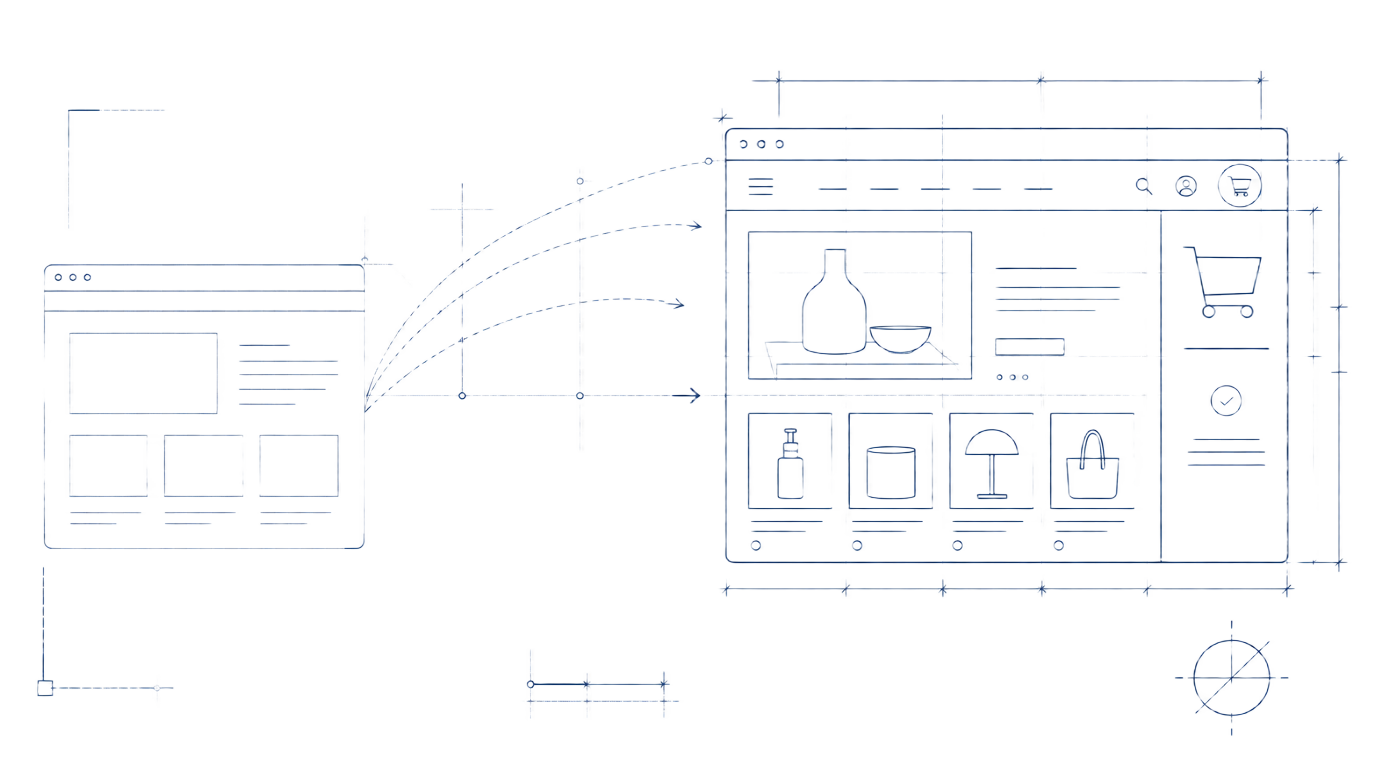 Architectural blueprint of a Shopify storefront being redesigned from a basic layout to a refined conversion-focused experience