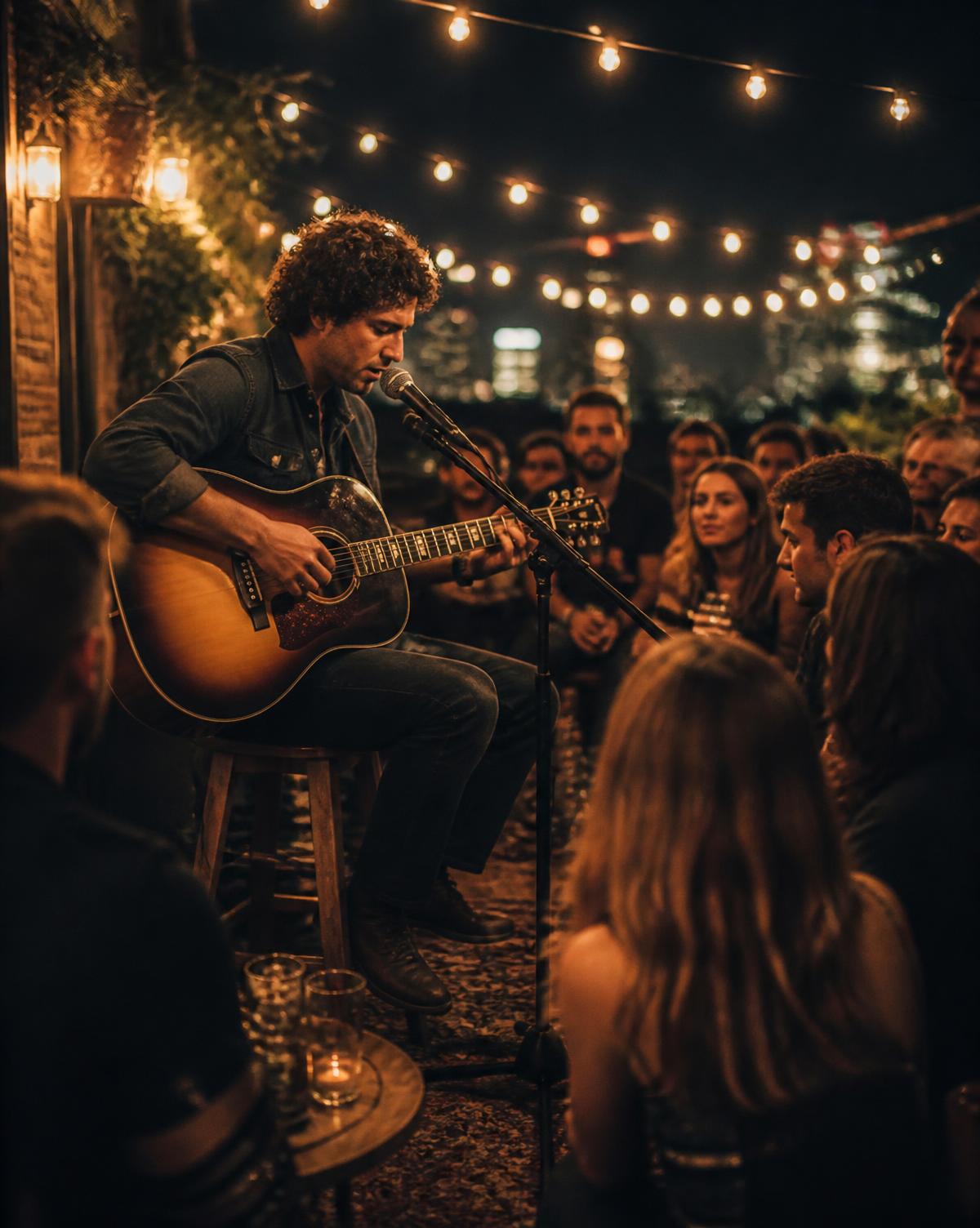 Songwriter playing acoustic guitar for a small rooftop crowd under string lights