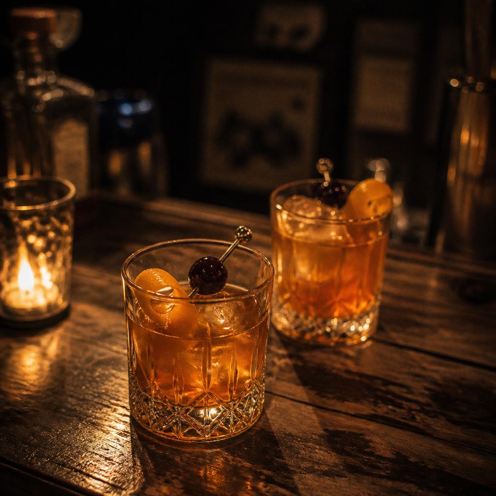 Whiskey cocktails on a weathered bar top by candlelight
