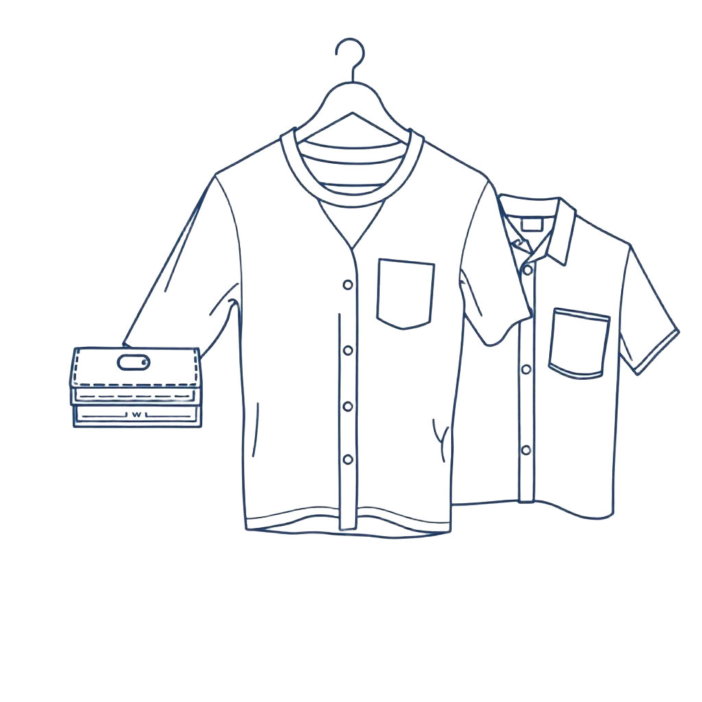 Line drawing of apparel garments on a hanger with folded shirts