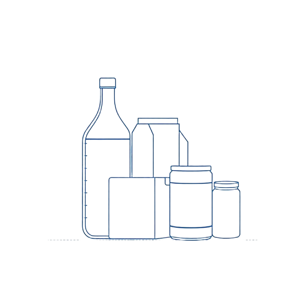 Line drawing of consumer packaged goods bottles and jars