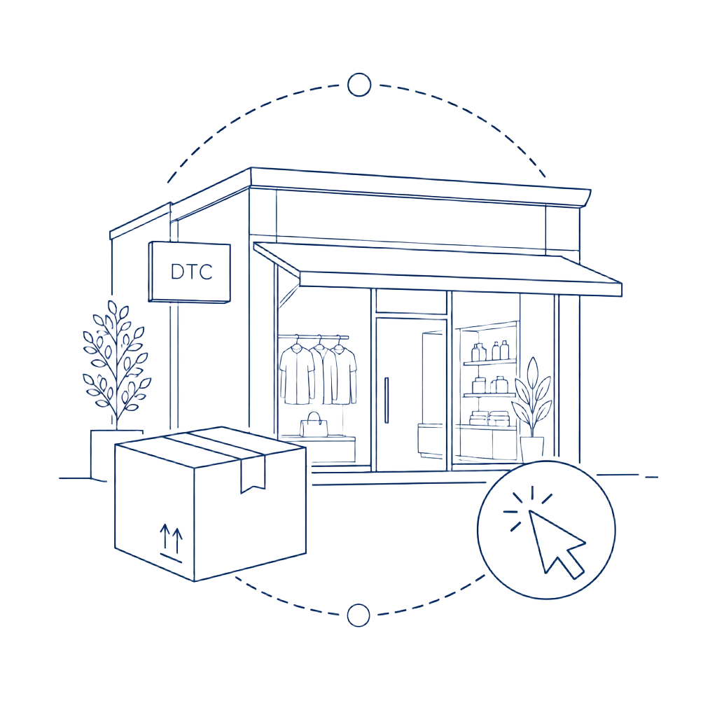 Architectural line drawing of a direct-to-consumer storefront, package, and digital cursor