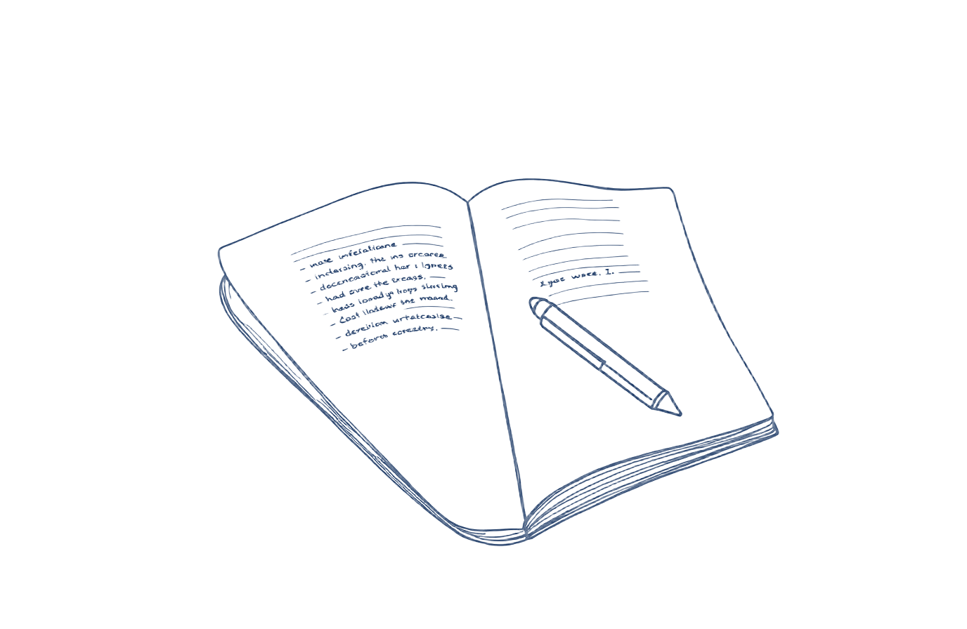 Open editorial notebook with pen line drawing