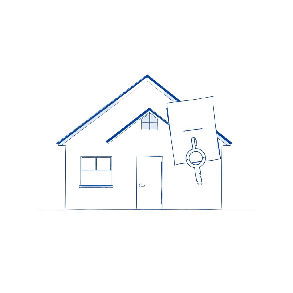 Architectural line drawing of a house with key and document