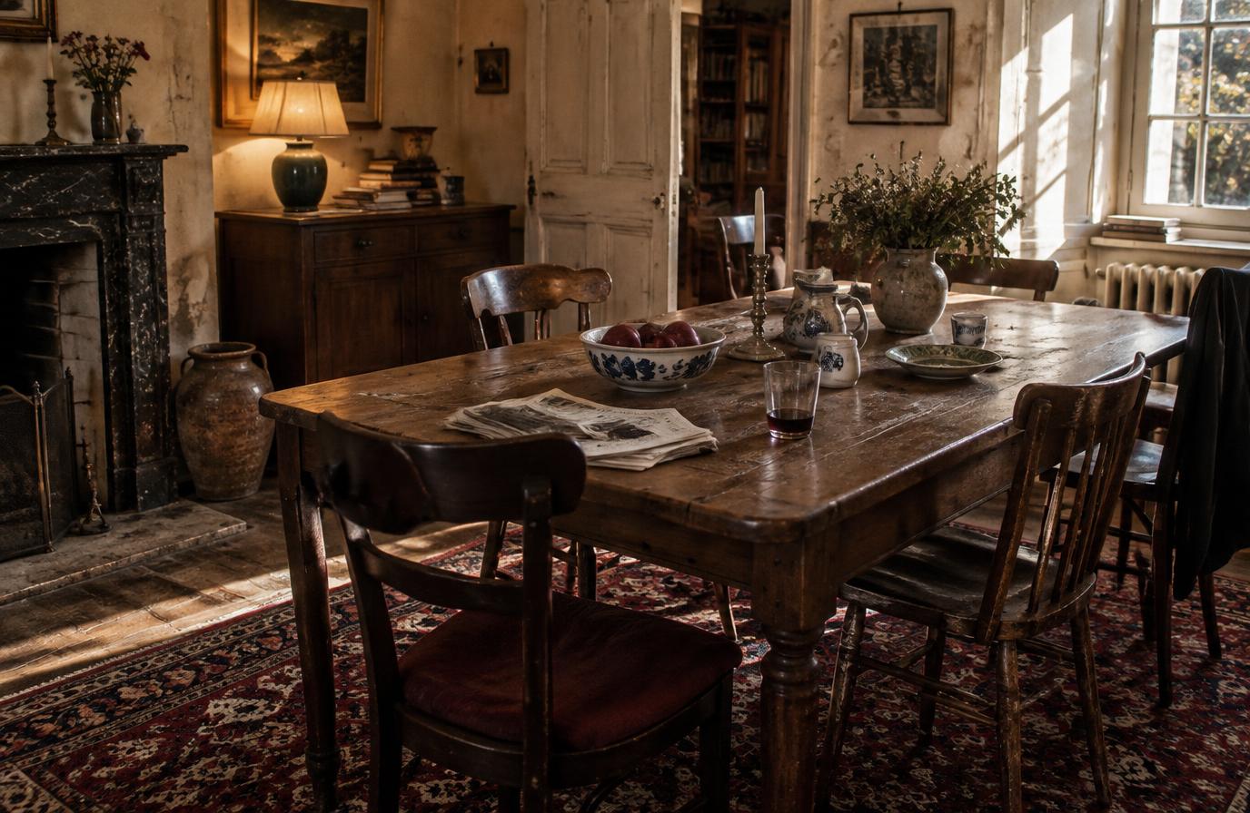 Worn wooden dining table in a lived-in old house with ceramics, papers and afternoon light