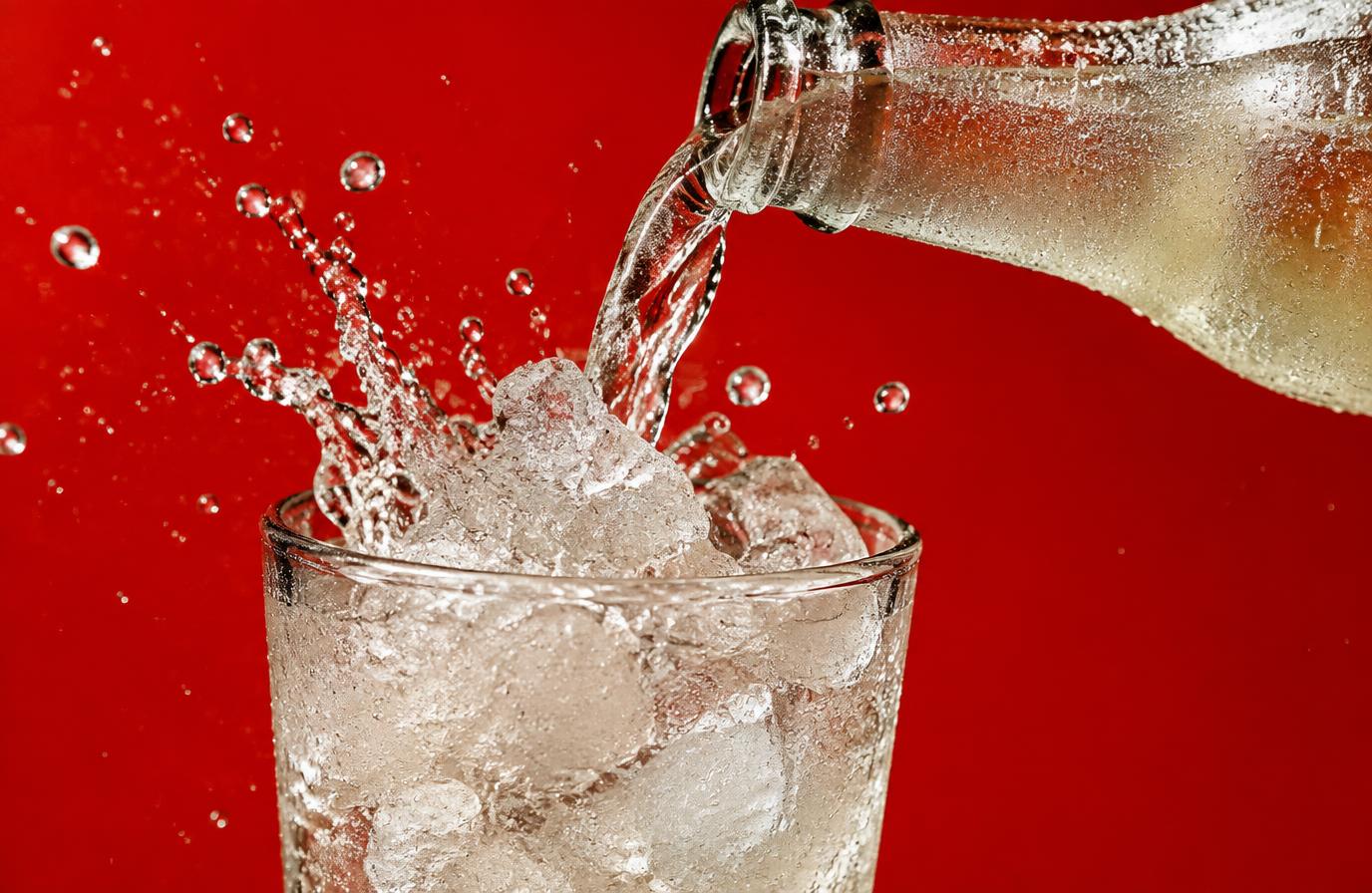 Cold bottle pouring over crushed ice with a splash against a bright red background