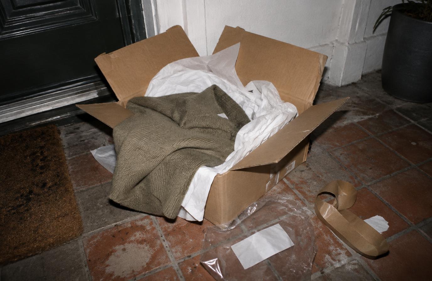 Torn open delivery box on a doorstep with tissue paper and a knit garment spilling out