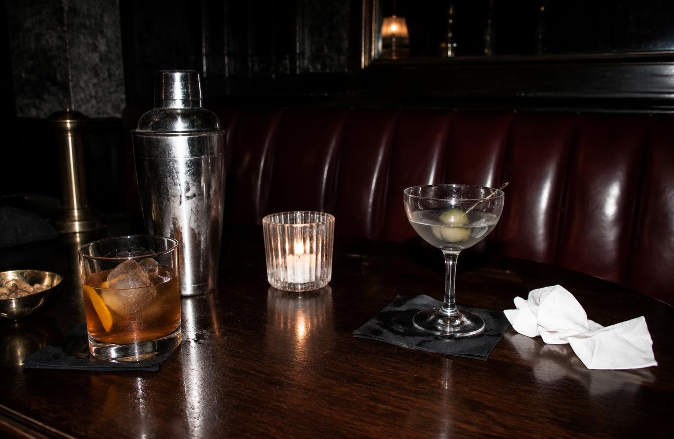Late night bar top with a cocktail shaker, two drinks and a candle against a burgundy banquette
