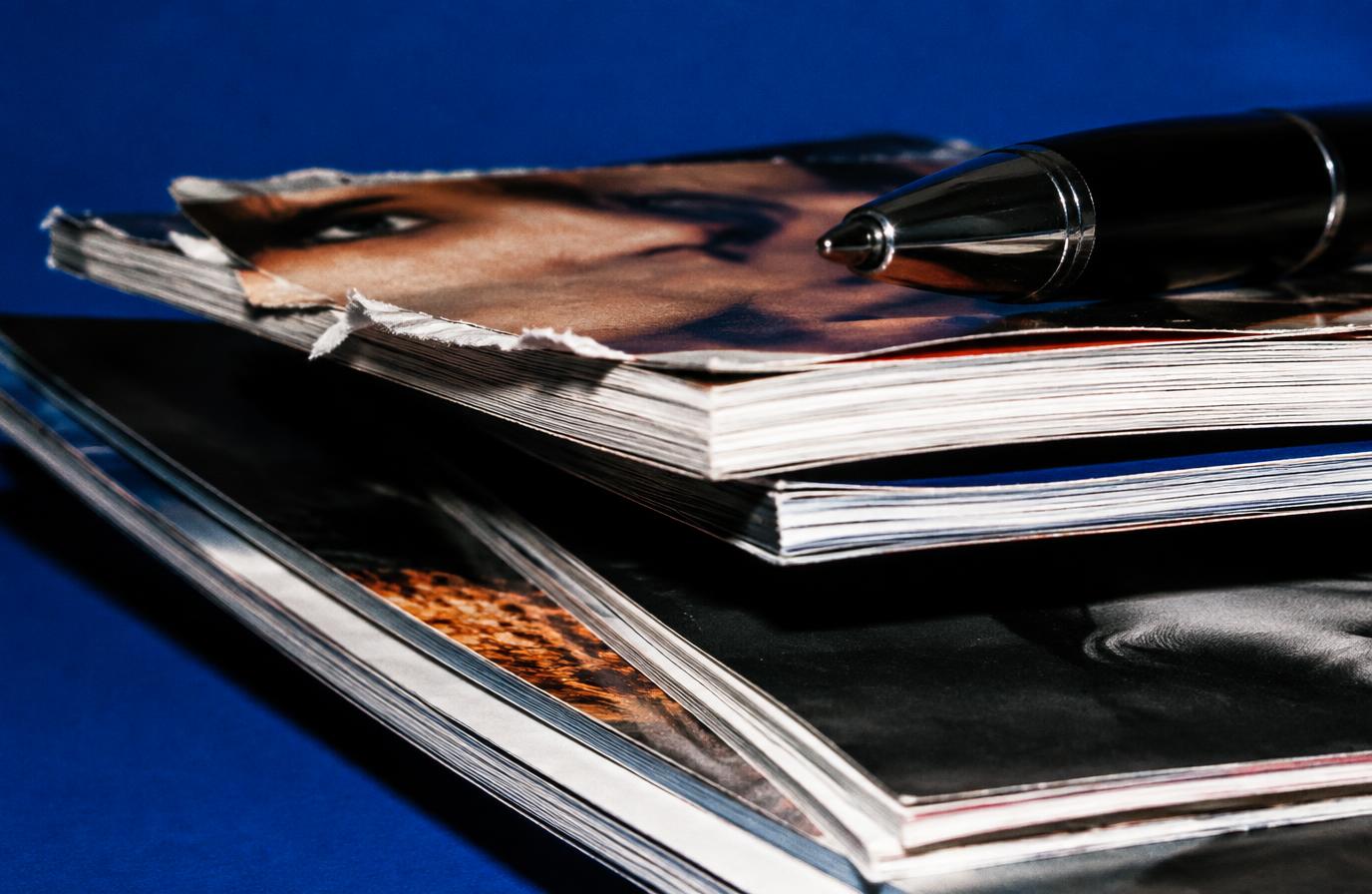 Close-up of a stack of printed magazines with torn pages and a pen on a deep blue background