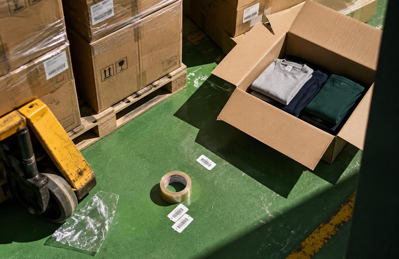 Overhead view of a stockroom floor with stacked cartons, an open box of folded garments and hard sunlight