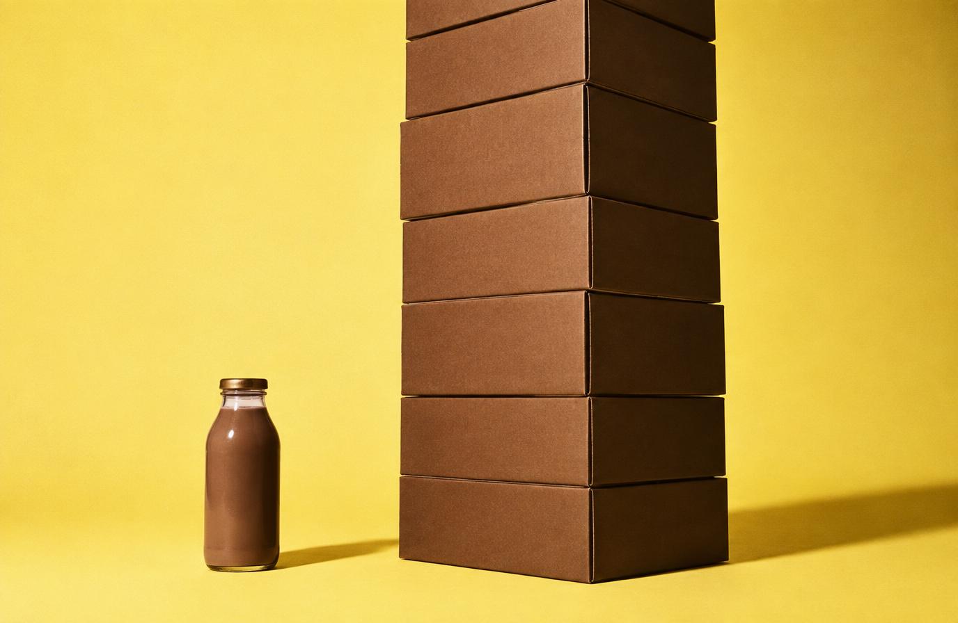Tall stack of brown cartons beside one small glass bottle on a yellow backdrop