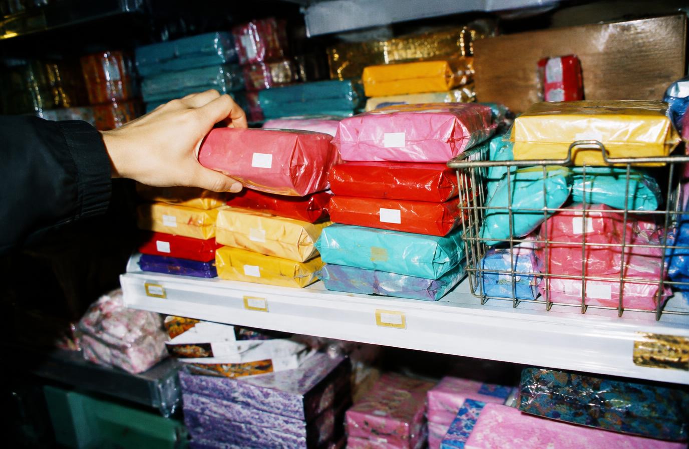Hand reaching into a crowded shop shelf of brightly wrapped packages beside a wire basket